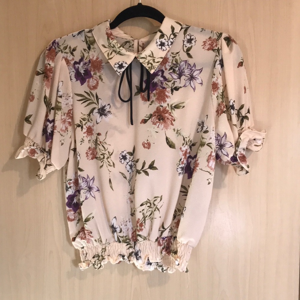 Junior Womens Floral Cream Blouse Ruffles High Neck
